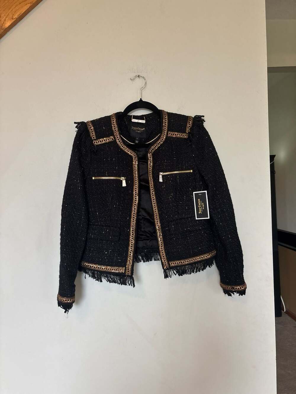 Juicy Couture Black Label Black Tweed Gold Chain Trim Fringe Jacket Size S